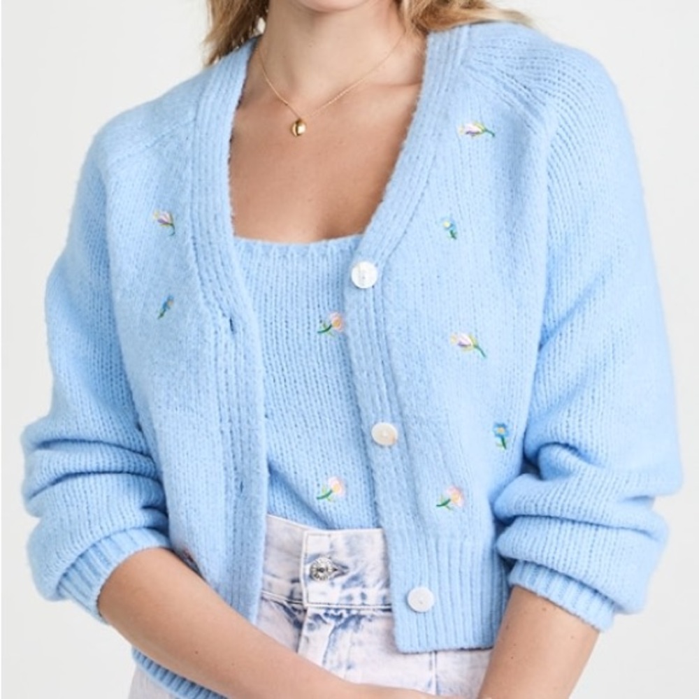 English Factory: Embroidered Floral Cardigan; Small; Blue